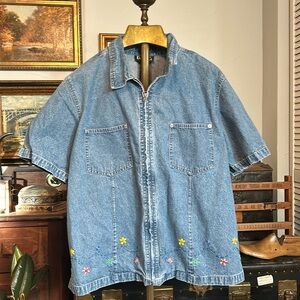 VINTAGE Denim & Co Short Sleeve Spring Full Zip Denim Jacket Embroidered Flowers